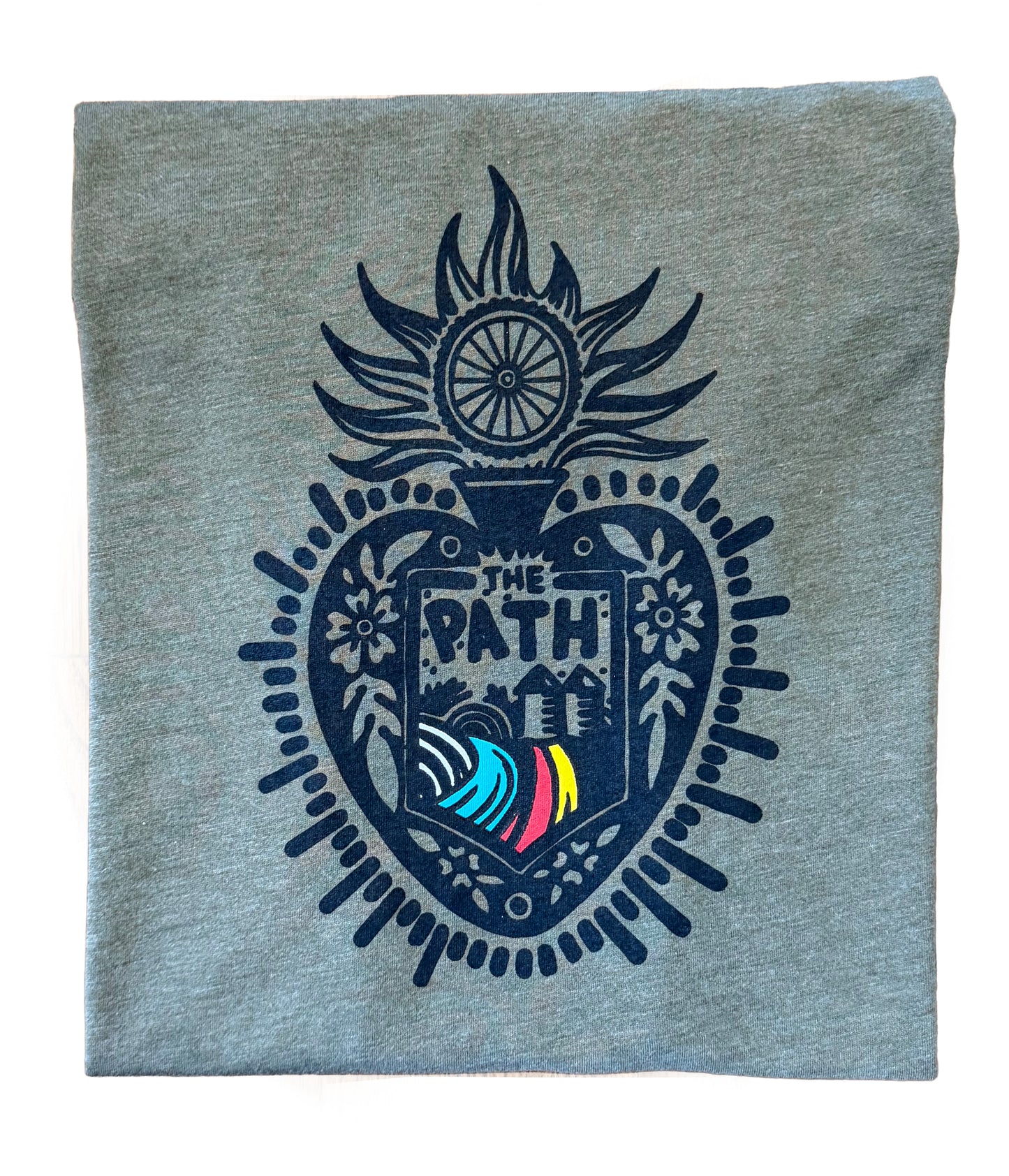 Military t-shirt with a black graphic design featuring 'The Path' text and colorful elements on a white background.
