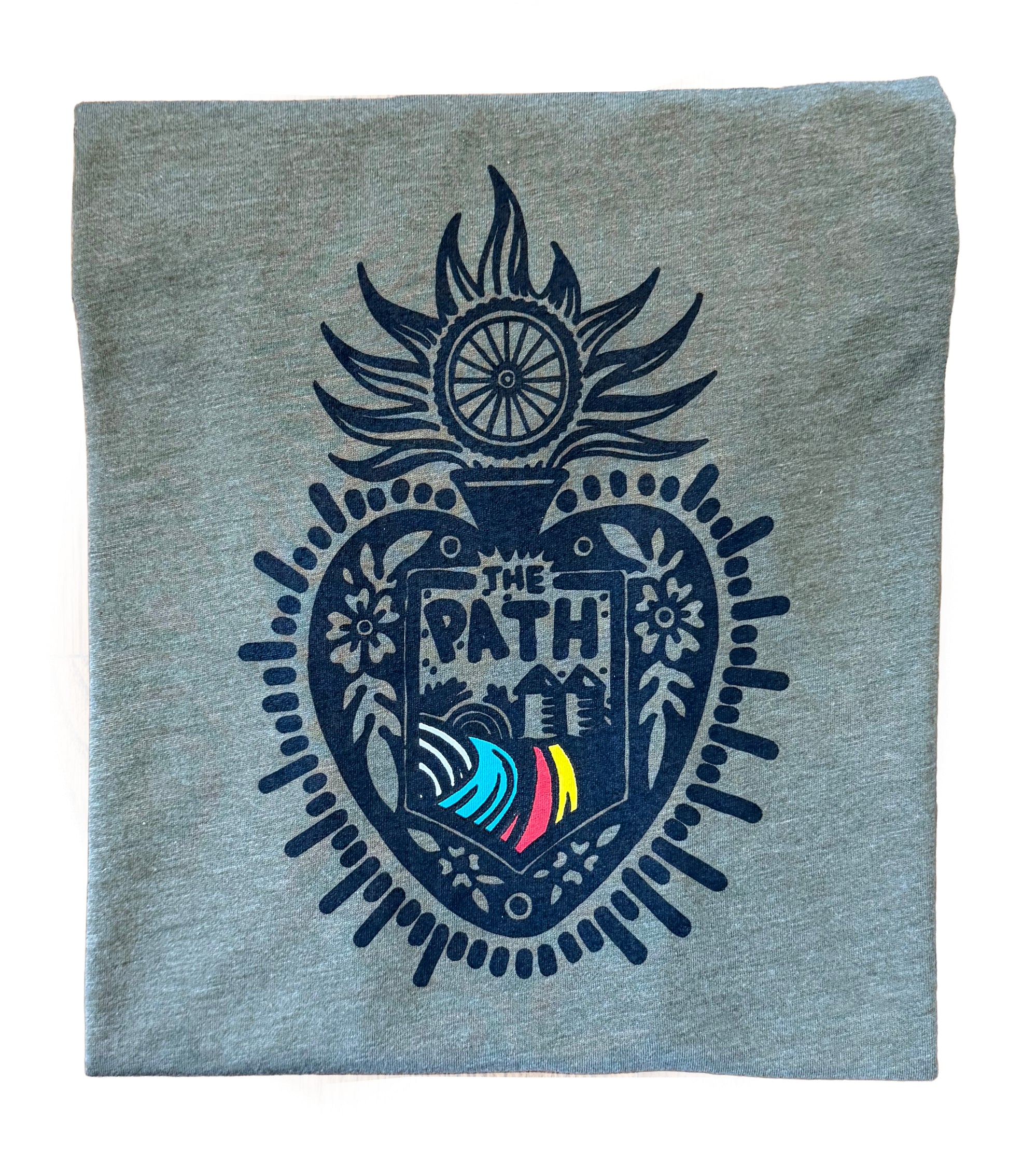 Military t-shirt with a black graphic design featuring 'The Path' text and colorful elements on a white background.