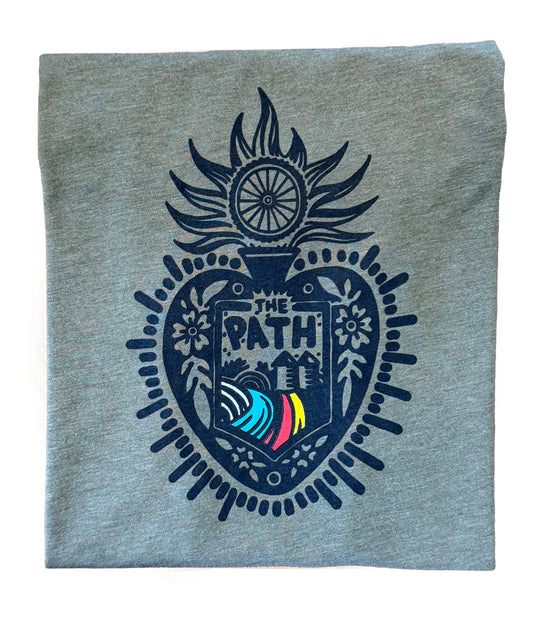 Military t-shirt with a black graphic design featuring 'The Path' text and colorful elements on a white background.